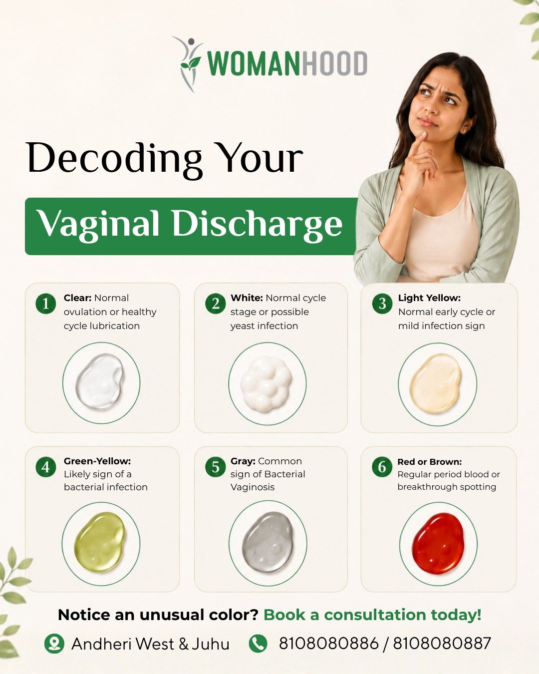 What does your body's daily natural fluid actually reveal?🔍

Vaginal discharge color changes across your monthly cycle. Recognizing normal shifts versus infection indicators helps protect reproductive health🩺

Dr. Punam Solanki: Gynaecologist & Obstetrician
📍101/102 SBI Staff Pallavi CHS
Veera Desai Road
Andheri West
Mumbai 400058
📞8108080886 / 8108080887

(Vaginal Discharge Color, Gynaecology Care, Vaginal Infection Symptoms, Cycle Health, Bacterial Vaginosis, Yeast Infection Signs, Period Spotting, Women Hygiene, Reproductive Health, Gynaecologist Advice)

#VaginalHealth #IntimateHygiene #GynaecologistIndia #DrPunam #Womanhood